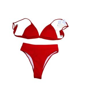 Chamaege Red Ribbed Bikini Set Triangle Top High Waist Bottoms L‎